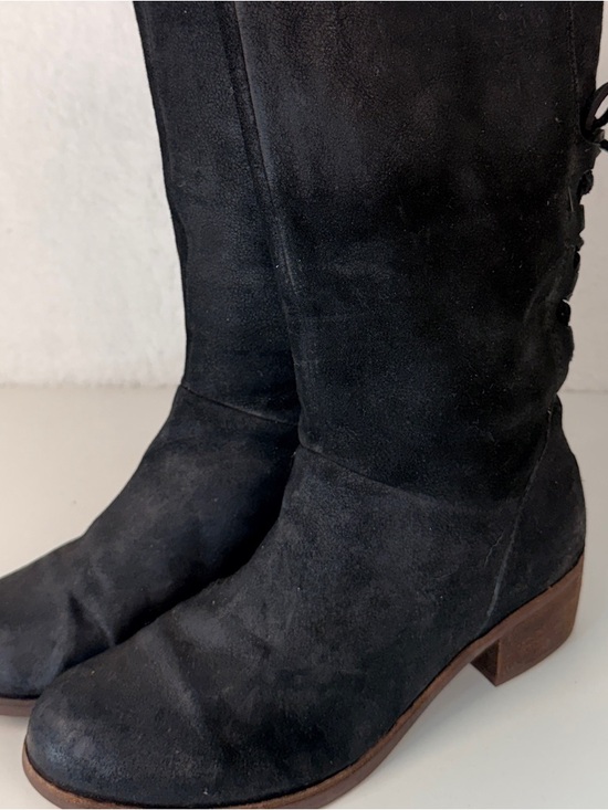 UGG Australia Black Leather Lace Back Mid Calf Boots Womens 8.5 Cozy Warm - Picture 3 of 15